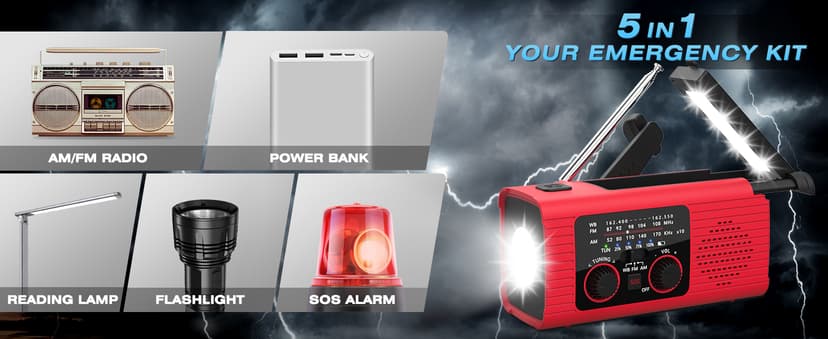Emergency Weather Radio, 4000mAh NOAA Weather Alert Radio Solar Charging, Hand Crank & USB Charged, AM/FM with LED Flashlight, Reading Lamp, SOS Alarm, Headphone Jack for Outdoor Indoor