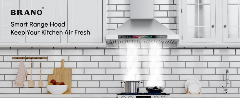 BRANO 30-inch Wall Mount Range Hood 900 CFM with Voice/Gesture/Touch Control, Stainless Steel Kitchen Hood Vent with 4 Speed Exhaust Fan, LED Adjustable Lights, Memory Mode