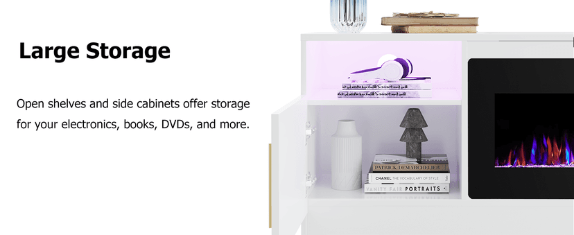 Lemberi Fireplace tv Stand with 36 inch Fireplace Up to 80" TVs,LED Light Entertainment Center and Storage, 70" Modern Wood Media TV Console with Highlight Cabinet for Living Room (White)