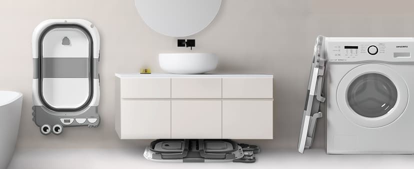 MoreFeel Collapsible Baby Bathtub for Newborn with Thermometer & 1 Hooded Towel & 1 Soft Floating Cushion,Portable Travel Bathtub with Drain Hole, Durable Foldable Baby Tubs for Infants to Toddler