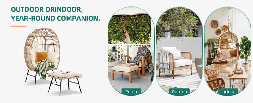 YITAHOME Accent Living Room Egg Chair w/ 2-in-1 Ottoman, Wicker Oversized Basket Chair with 5 Thick Cushions, Footrest, Comfy Recliner Lazy Chair for Indoor, Bedroom, Reading Room, Lounge (Beige)