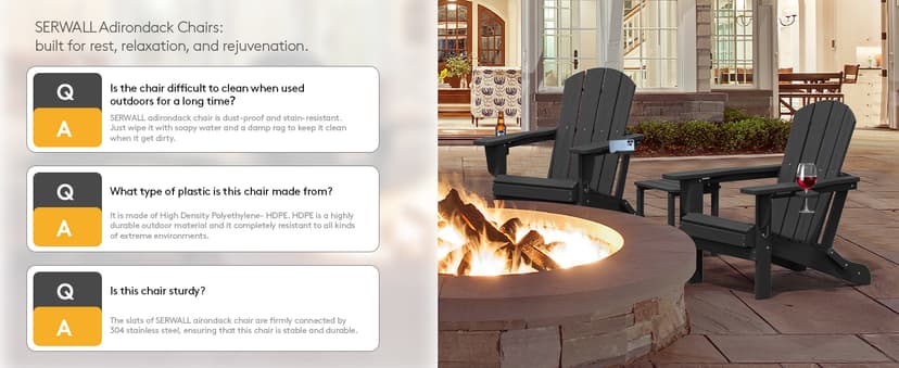 SERWALL HDPE Folding Adirondack Chair with Dual Cup Holder - Composite Adirondack Chair - Black