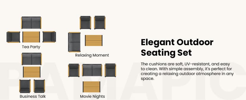 Pamapic 4 Pieces Outdoor Patio Furniture Set, Modern Metal Balcony Furniture with Plastic-Wood Coffee Table, All-Weather Patio Conversation Set with Thick Cushion for Balcony, Porch, Gray