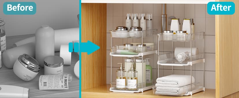 Delamu 2 Sets of 3-Tier Bathroom Under Sink Organizers and Storage, Multi-Purpose Stackable Pantry Organization and Storage, Pull Out Clear Kitchen Bathroom Cabinet Organizer with Movable Dividers