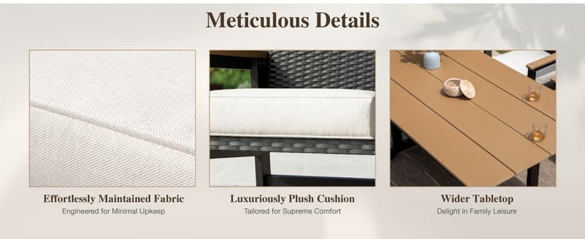 HERA'S HOUSE Patio Table and Chairs Set 7-Piece, HDPE Outdoor Dining Furniture Set with Cushions, All-Weather Wood Grain Table & Wicker Chairs for Backyard, Garden, Deck (Durable & Low Maintenance)