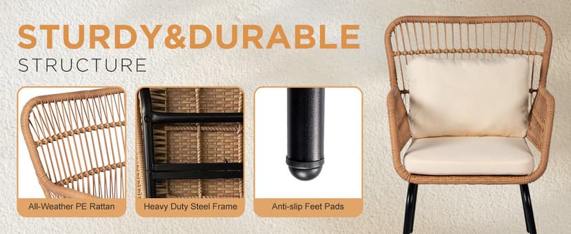 3 Piece Outdoor Wicker Furniture Bistro Set, Rattan Chairs Conversation Sets Wicker Patio Furniture for Balcony Poolside Backyard, Yellow/Beige