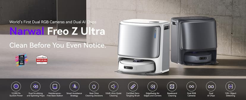 NARWAL Freo Z Ultra Robot Vacuum and Mop Combo, Dual RGB Cameras and Chips, AI Avoidance, 12000Pa Suction, Real-Time Decisions, Adaptive Hot-Water Self Wash & Self Emptying, Pet Hair, Quiet, Grey