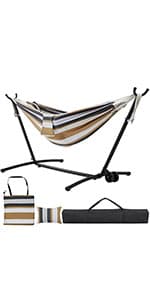 Yaheetech Hammock with Stand Set, Heavy-Duty Steel Hammock Stand for 2-3 People Outdoor, Porch, Patio, Deck and Backyard, Max Weight Capacity 475LB - Blue Stripe