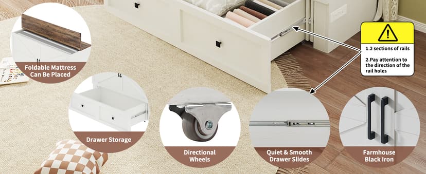 Queen Size Murphy Bed with Charging Station, Cabinet Bed with Large Storage Drawer for Home Office or Small Room, Hideaway Full Foldable Platform Bed, Barnwood+White