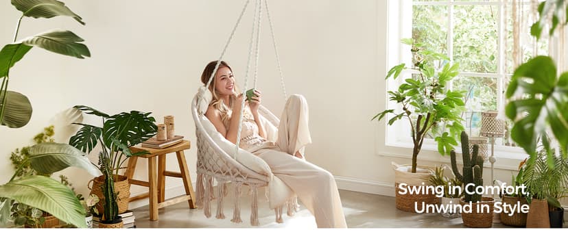 SONGMICS Hanging Chair, Hammock Chair with Large, Thick Cushion, Boho Swing Chair for Bedroom, Patio, Balcony, Garden, Holds up to 264 lb, Accessories Included, Cream White UGDC042M01