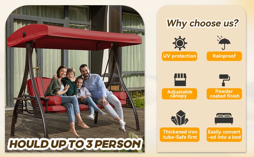 3 in 1 Outdoor Porch Swing with Adjustable Canopy, 3 Seat Outdoor Swing for Adults, Patio Swing Chair with Thickened Cushions,Pillows & Cup Holders for Backyard, Porch, Garden (Wine Red)