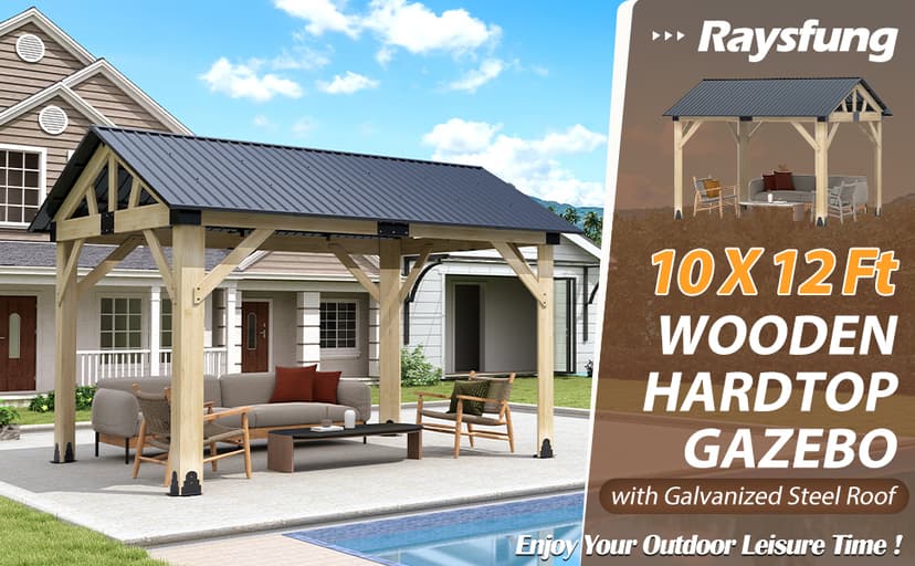 10' x 12' Wood Gazebo, Outdoor Cedar Hardtop Wooden Frame Gazebos with Galvanized Steel Roof for Garden, Patio, Deck