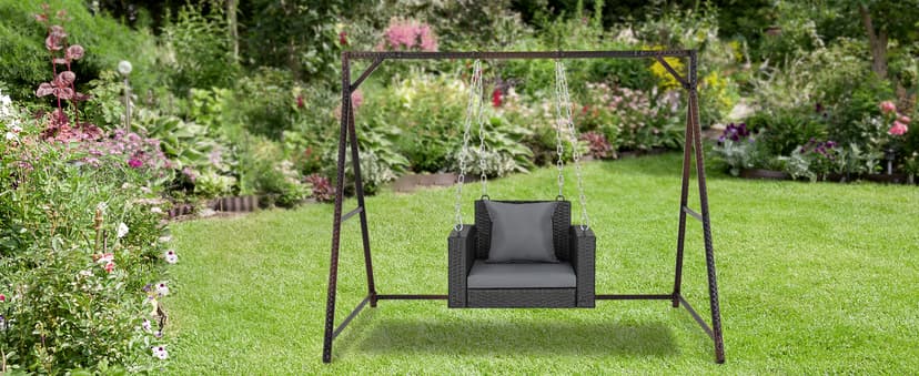 VINGLI 2.2 FT 1-Person Use Rattan Porch Swing Outdoor Support 440 LBS with Cushions & Adjustable Chains, Patio Wicker Swing Bench Chair for Garden, Yard, Lawn, Tree, Black