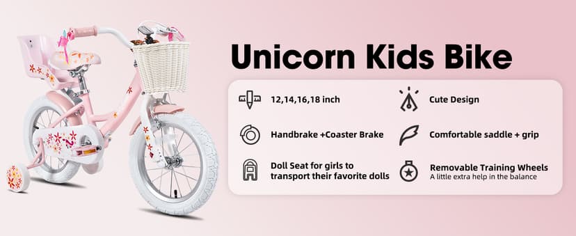JOYSTAR Unicorn Kids Bike for Girls Ages 2-9 Years Old, 12 14 16 18 Inch Kids Bike with Training Wheels, Doll Seat, Streamers and Basket, Toddler Girls Bike, Multiple Colors