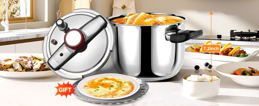 Pressure Cooker 10 QT, Stainess Steel Pressure Canner 10 Quart, Explosion-Proof Cookware, Rotating Lock/Unlock Lid, One-handed lid opening, Thickened Silicone Ring And Anti-scald Handle, Silver