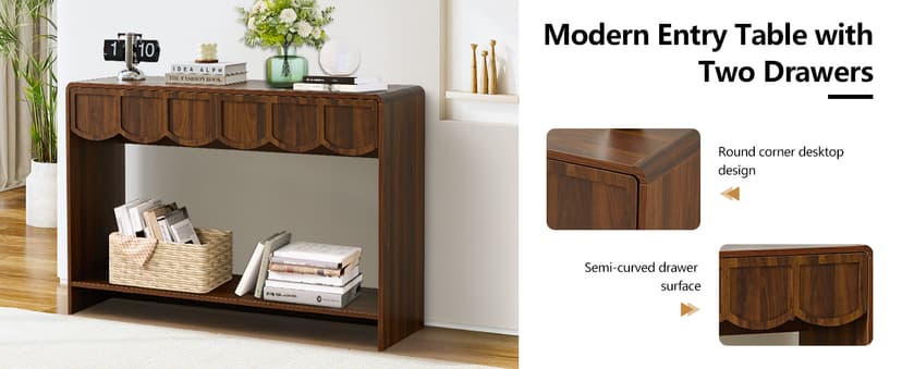 Console Table with Drawers, Mid-Century 43 Inches Narrow Entryway Tables with Open Storage Shelves, Hallway Accent Tables Behind Couch Table for Living Room - Walnut