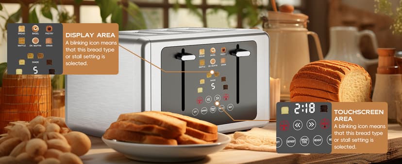 4 Slice Toaster, Touchscreen & Dual Independent Control Panel,5 Basic Functions & Digital Countdown Toasters, 6 Shade Settings&6 Bread Types, Smart Bread Maker Mute/Screen-Off,Stainless steel