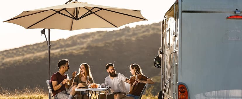 wikiwiki 10ft Patio Umbrellas Offset Outdoor Cantilever Hanging Umbrella w/Infinite Tilt, Fade Resistant Waterproof Recycled Fabric Canopy for Yard, Garden & Deck, Beige