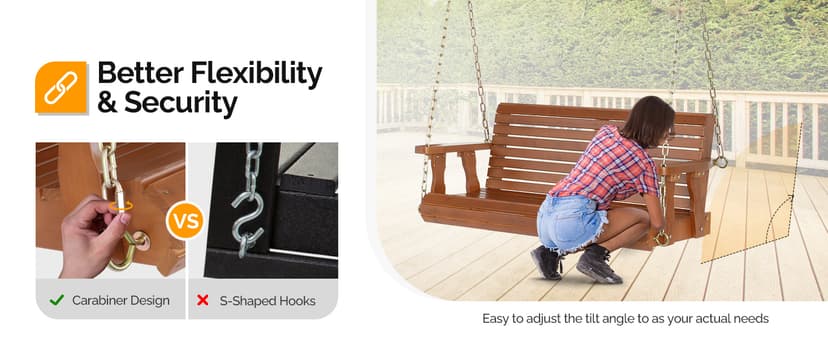 VINGLI Upgraded Patio Wooden Porch Swing for Courtyard & Garden, Heavy Duty 880 LBS Swing Chair Bench with Hanging Chains for Outdoors (Brown, 4 FT)