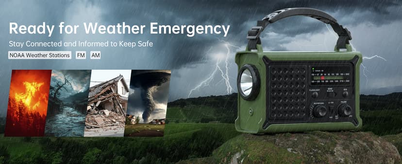 Solar Radio Emergency Hand Crank 12000mAh with Clear Signal, AM FM NOAA Weather Radio Battery Operated with 2-Mode LED Flashlight Cell Phone Charger Dual Outputs SOS