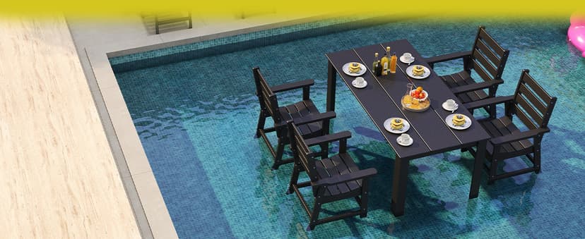 GREENVINES 7-Piece Outdoor-Dining-Set | HDPE Plastic 67'' Table and Chairs Sets for 6 | Patio Furniture | All Weather | Umbrella Hole | Black | for Poolside Garden Backyard