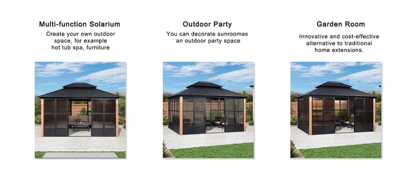 PURPLE LEAF 12' X 14' Patio Hardtop Gazebo Double Top Outdoor Screen House Aluminum Solarium Backyard Sun Room with Detachable Windows