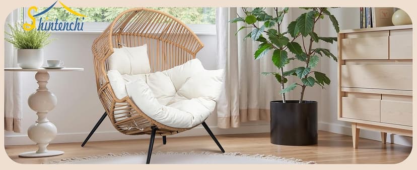 Shintenchi Wicker Egg Chair Outdoor Rattan Patio Chair with Cushion,Oversized Patio Lounge Chairs with Cushion Egg Basket Chair, Egg Seat for Indoor Living Room Bedroom Outside Patio Backyard Balcony