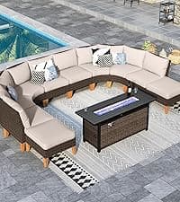 Sophia & William Patio Furniture Set with 56" Fire Pit Table, 10PCS Outdoor Wicker Sectional Conversation Set with 3-Seater Sofa, 2-Seater Couch, 2 Ottoman & FirePit Table(Beige)
