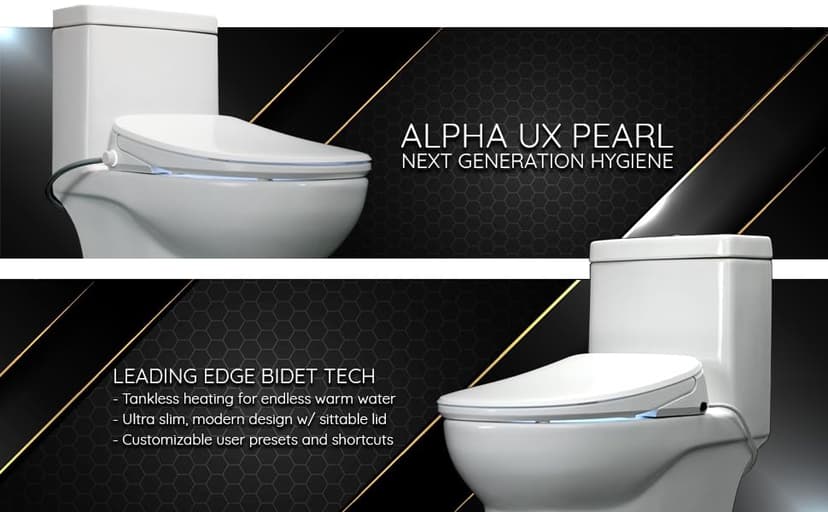 ALPHA BIDET UX Pearl Bidet Toilet Seat in Elongated White | Ultra Low Profile | Endless Warm Water | Arced Stainless Steel Nozzle | LED Nightlight | Dryer | Deodorizer | 3 Year Warranty