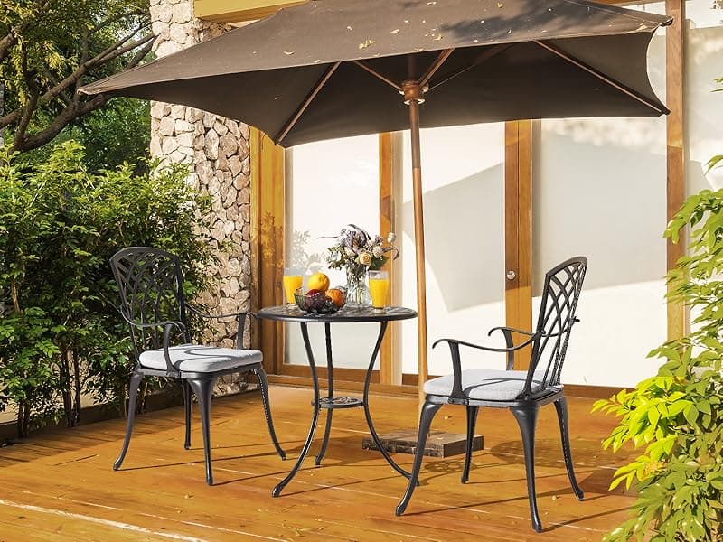 NUU GARDEN Bistro Set 3 Piece Outdoor Cast Aluminum Patio Bistro Set Patio Table and Chairs Set of 2 with Umbrella Hole and Gray Cushions, Black