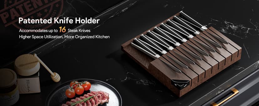 Steak Knives Set of 8 with Drawer Organizer Built-in Sharpener, 4.6 Inch Non Serrated Dinner Knife, Forged German Steel Damascus Pattern Straight Edge Meat Knife with Full Tang Handle, Black