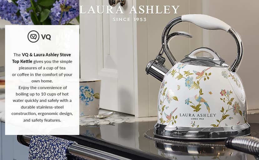 Laura Ashley Elveden White Stovetop Kettle with Whistle - 2.5L Fast Boil Stainless Steel Kettle Stove Top - Silicon Coated Cool Handle Camping Kettle for Gas, Induction Hob - Compatible with Aga Stove