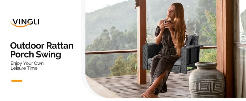 VINGLI 2.2 FT 1-Person Use Rattan Porch Swing Outdoor Support 440 LBS with Cushions & Adjustable Chains, Patio Wicker Swing Bench Chair for Garden, Yard, Lawn, Tree, Black