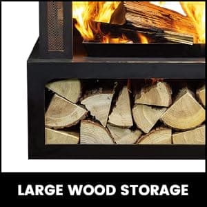 Outdoor Wood Burning Fireplace with Wood Storage and Removable Fire Grill - 40 Inch Large Metal Wicker Base Fire Pit for Patio Garden Deck Backyard, Black