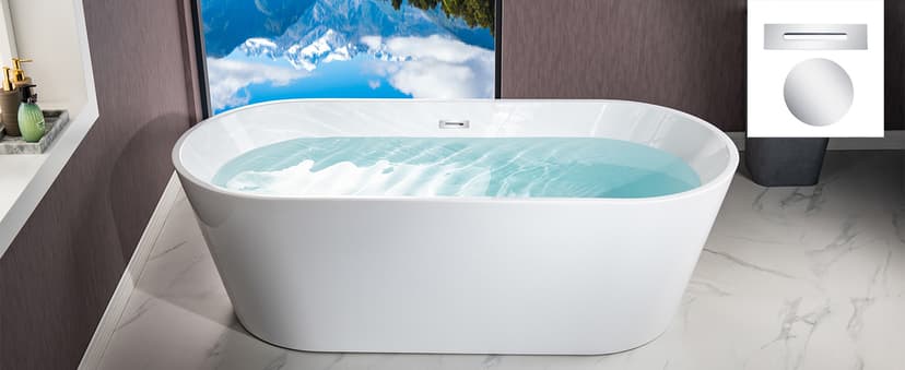 WOODBRIDGE 71" Acrylic Freestanding Bathtub Contemporary Soaking White Tub with Brushed Gold Overflow and Drain,B1701-BG
