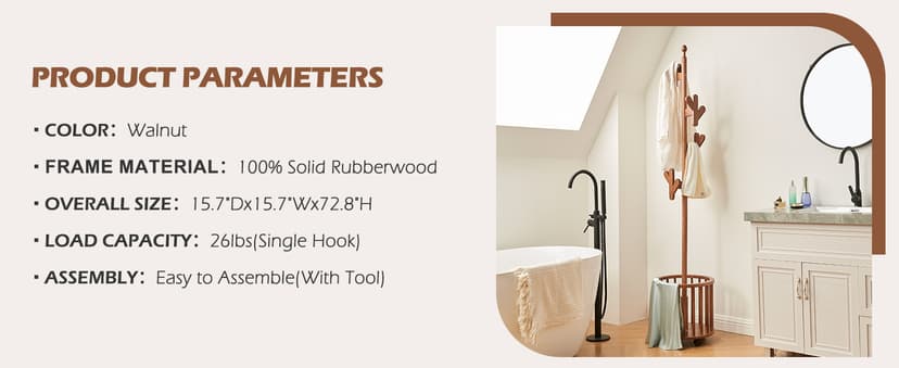 CozyDH Solid Wood Coat Rack Freestanding with Lockable 360° Rotary Casters, Coat Tree Stand with Umbrella Holder & Laundry Basket Storage & 12 Hooks, Walnut