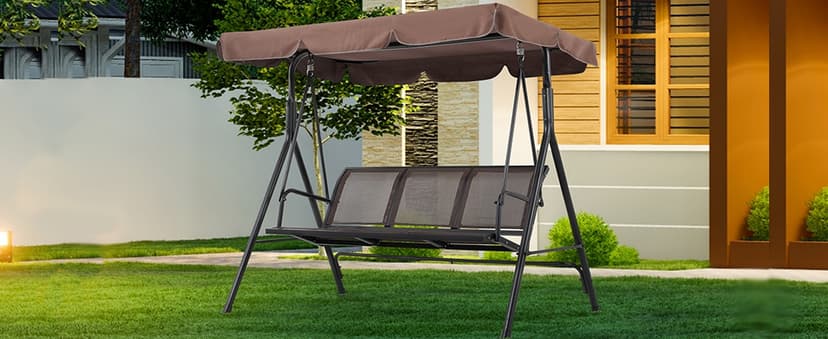 Yaheetech Outdoor Porch Swing Chair for Adults, 3-Seat Patio Hanging Swing w/Adjustable Canopy, Armrests, Porch Swing Sets w/Stand, Breathable Fabric for Backyard/Garden/Balcony, Dark Brown