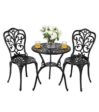 NUU GARDEN Bistro Set 3 Piece Outdoor Cast Aluminum Patio Bistro Set Patio Table and Chairs Set of 2 with Umbrella Hole and Gray Cushions, Black