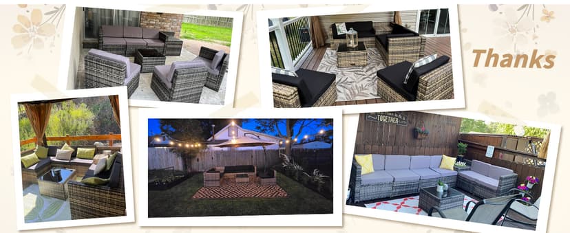 8 Pieces Outdoor Wicker Rattan Patio Furniture Sectional Set, Glass Top Table with Hidden Storage, 7 Sofa Sections, Oversized Cushions, Natural Color Rattan with Black Cushion