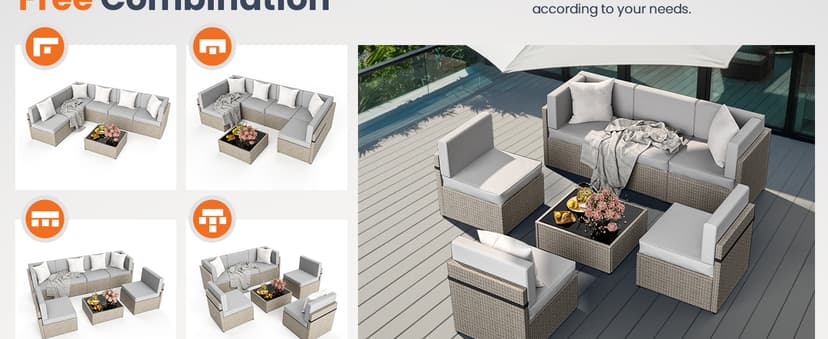 Pamapic 7-Piece Outdoor Sectional Furniture Set, All-Weather Wicker Patio Sofa with Washable Cushions, Gray Waterproof Rattan Conversation Set for Backyard, Poolside, Garden (Gray Cushions)