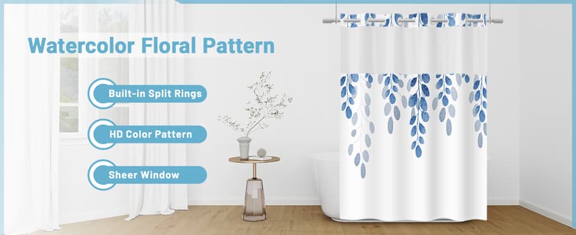 No Hook Shower Curtain with Snap in Liner - Watercolor Floral Shower Curtain - Fabric Waterproof Inner Liner, Plants Blue Beige Flowers White Cloth Shower Curtains Washable, 71 x 74 Inch