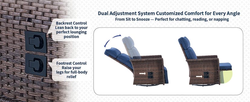 Swivel Patio Recliner Chairs Set of 2, 360° Rotation Outdoor Lounge Chairs, Adjustable Backrest & Footrest, Wide Armrests, PE Wicker with Removable Cushions for Deck, Poolside, Garden