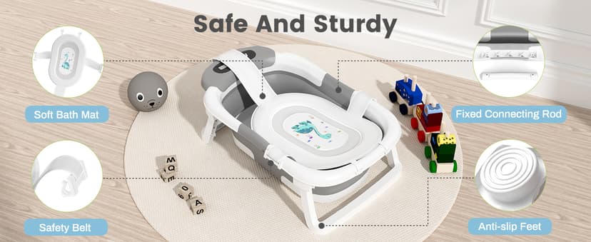 AVIDOR Baby Bathtub,Collapsible Bathtub for Newborn to Toddler,Durable Essential Infant Bath Tub,Portable Travel Baby Tub with Soft Bath Net,No-Slip Feet and Dinosaur Shaped (Grey)