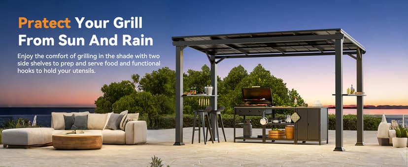 Hardtop Grill Gazebo 6'x12'with Side Shelf, Outdoor Gazebo with Bottle Opener & Hooks, Grill Canopy with Sturdy Rustproof Design for Backyard, Garden, Patio,Black