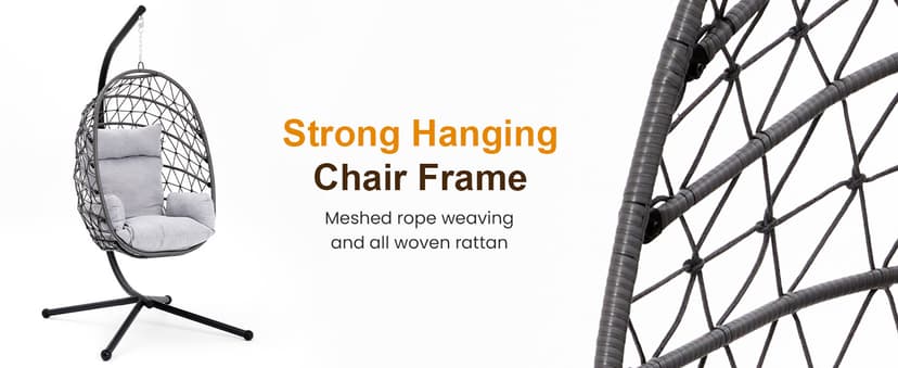 RoyalCraft Hanging Egg Chair Outdoor Swing Chair with Stand, Hammock Chair Indoor, Patio Boho Wicker Hanging Chair with Stand 350lbs Capacity for Garden, Balcony, Bedroom, Black & Gray