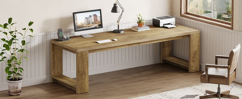 Tribesigns Two Person Desk, 86.6 Inches Extra Long Desk, Double Computer Writing Table, Wood Large Desks Workstation for Home Office, Natural Oak