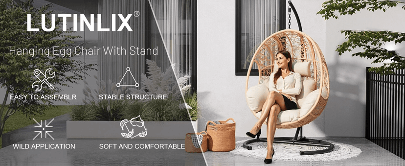 Oversized Hanging Egg Chair Outdoor Indoor, Wicker Swing Egg Chair with Stand 400lbs Capacity for Bedroom, Patio, Garden and Balcony (Beige-nest, Oversize)