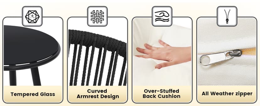 3 Pieces Bistro Set, Woven Rope Chair with Cushions, All Weather Patio Conversation Set and Side Table, Ideal for Deck, Balcony, Poolside, Black