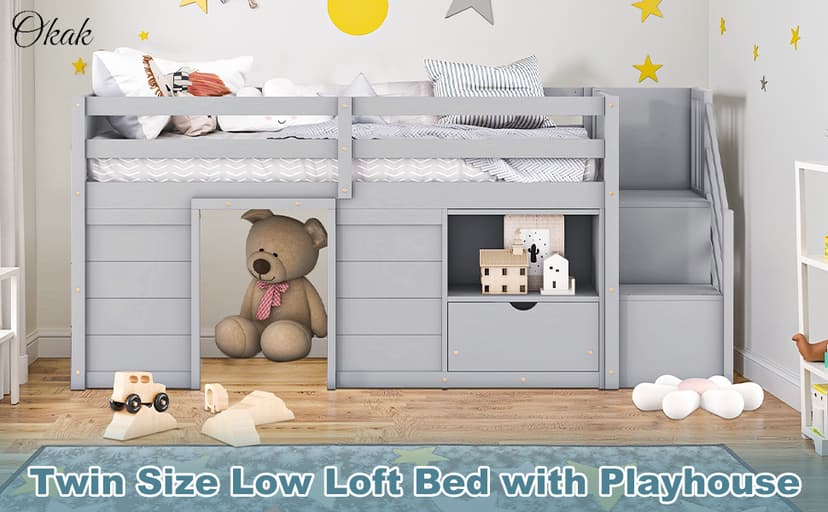 Okak Twin Size Low Loft Bed with Playhouse Loft Bed Frame with Drawer, Shelf,Stairs and Safety Guardrail for Teens, Girls or Boys Loft, Strong Wood Slats Support,Gray