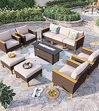 Sophia & William Patio Furniture Set with 56" Fire Pit Table, 10PCS Outdoor Wicker Sectional Conversation Set with 3-Seater Sofa, 2-Seater Couch, 2 Ottoman & FirePit Table(Beige)